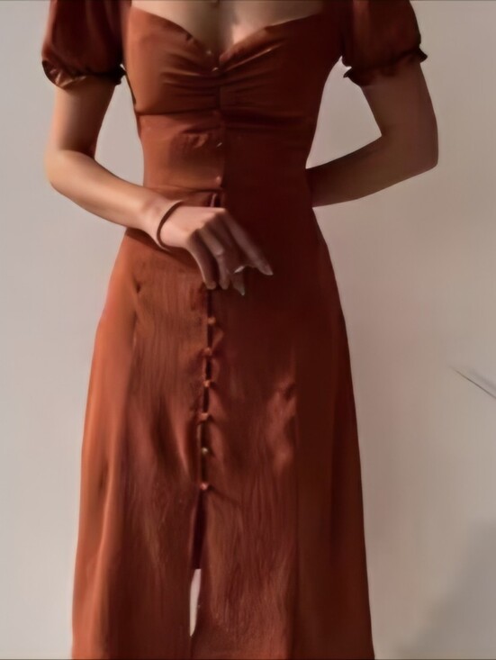 Dresses & Skirts - Puff Sleeve Flowy Button-Front Midi Dress Camel Brown Sz L